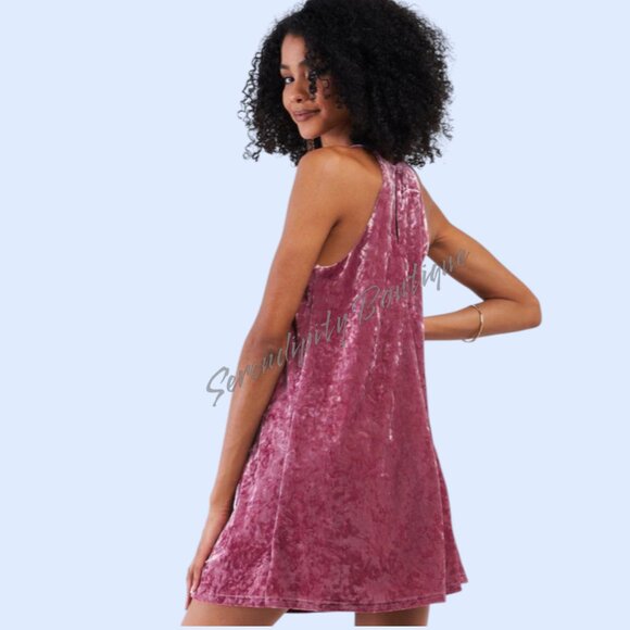 Petal Pink Flowy Strappy Stretchy Babydoll High Neck Halter Mini Swing Dress - Picture 2 of 7